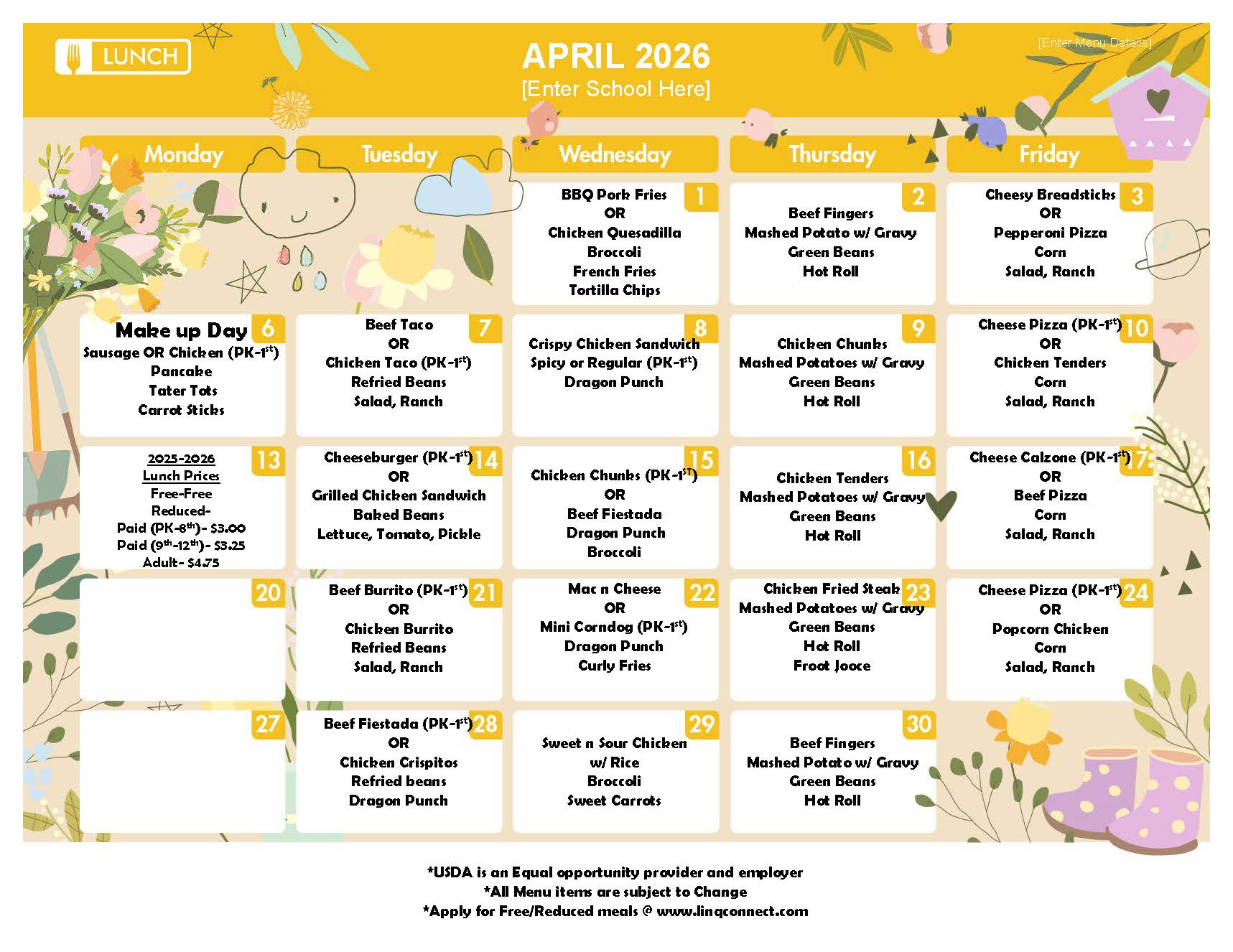 PreK - 8th April Lunch menu